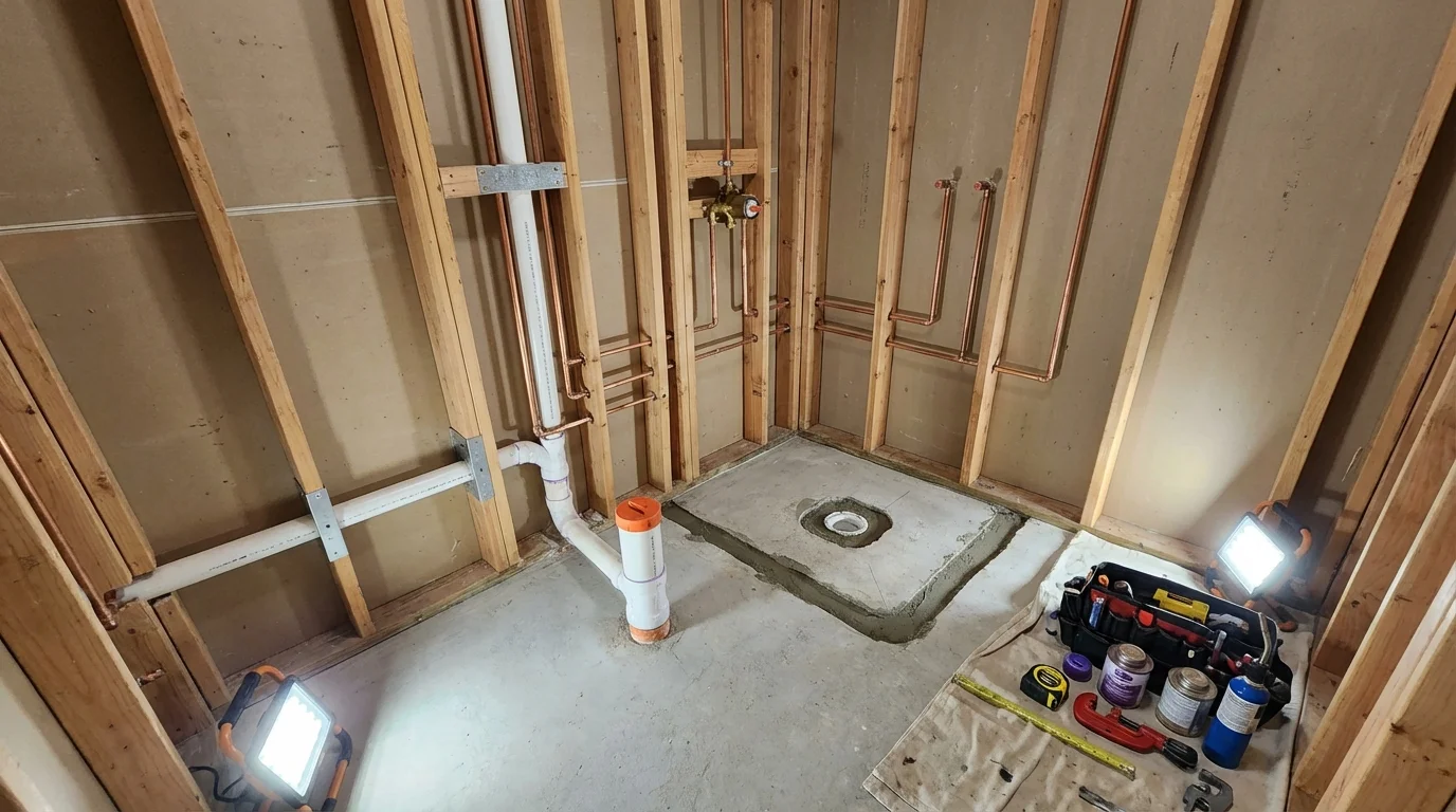 Bathroom rough-in plumbing during remodel by Johns Plumbing LLC in Mabank