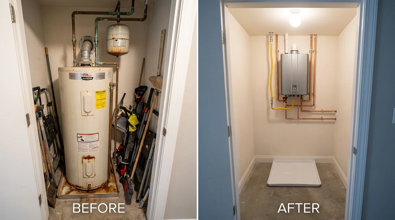 Tank water heater versus wall-mounted tankless unit comparison for Mabank, TX homeowners