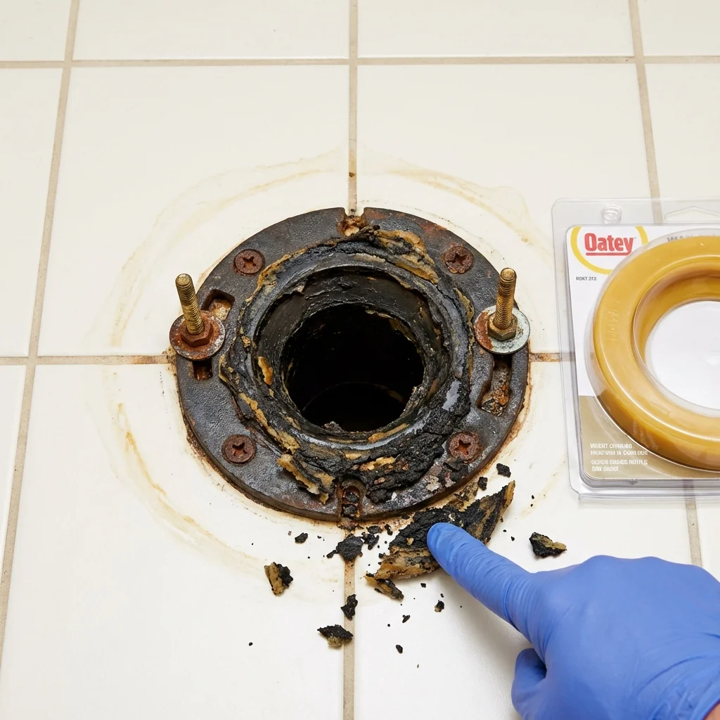 Failed wax ring showing water seepage at the base of a toilet in a Mabank, TX home
